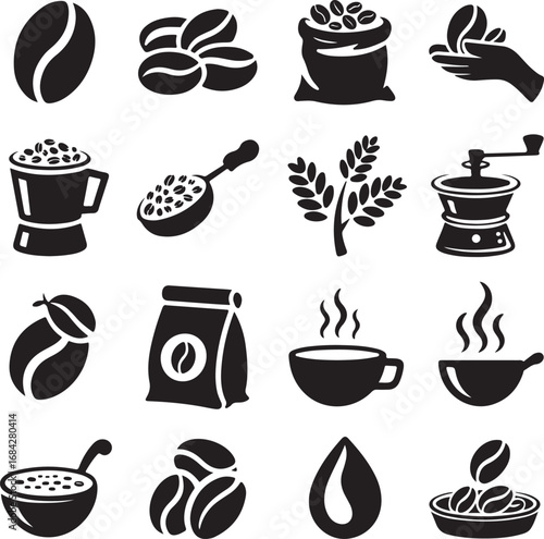 Collection of black coffee bean and preparation silhouettes on white background beans sack
