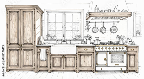 Detailed sketch of a vintage-style kitchen with a charming, rustic aesthetic