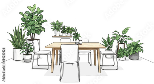 Dining space adorned with indoor greenery plants, creating a serene atmosphere