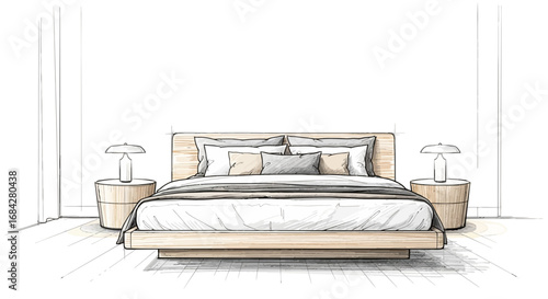 Elegant bedroom design with warm wood textures and minimalist style illustration