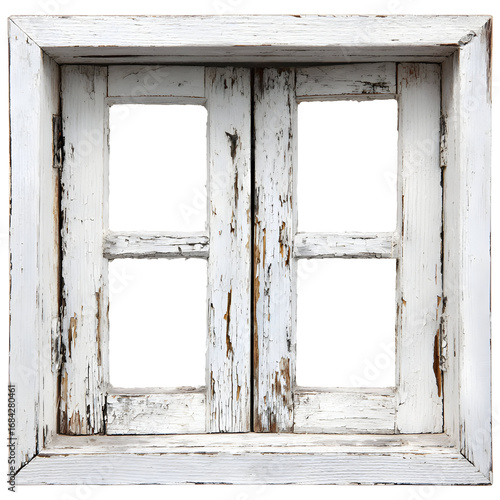 Rustic white wooden window frame with peeling paint against black background