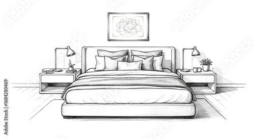 Elegant bedroom interior sketch featuring a well-decorated master suite