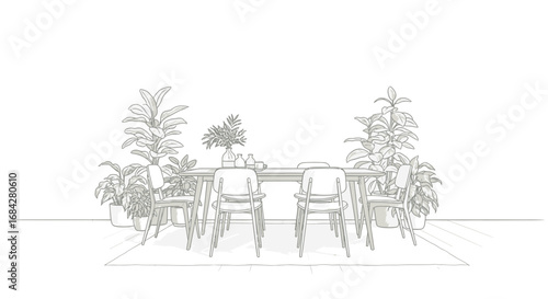 Elegant Dining Space Illustration with Botanical Accents and Modern Chairs