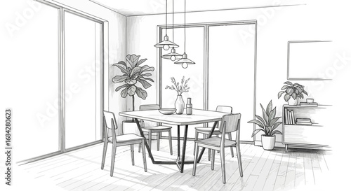 Elegant Dining Space with Natural Light and Modern Artistic Touch