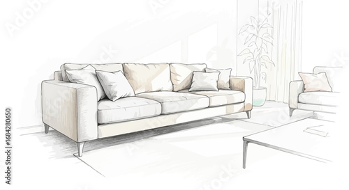Elegant interior sketch featuring a contemporary sofa and minimalist style