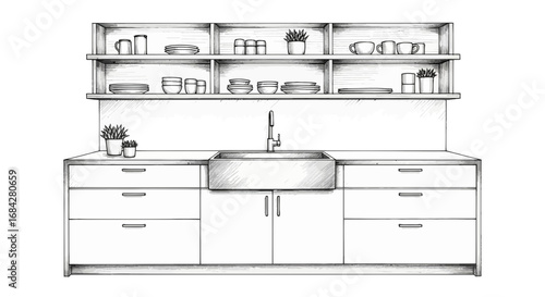 Elegant kitchen arrangement featuring rustic sink and open shelving design