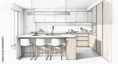 Elegant Kitchen Interior Design Sketch Depicting a Modern and Minimalist Space