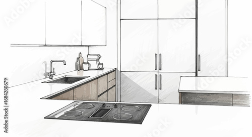 Elegant Kitchen Interior Sketch Illustration with Modern Appliances