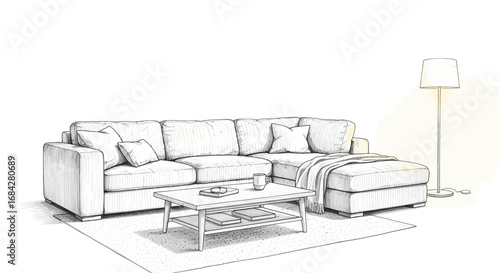 Elegant living room arrangement with sofa, table, and lamp in clean design