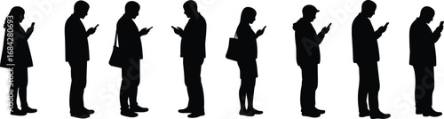 Group of diverse people silhouettes standing in a row using smartphones, digital communication, mobile technology addiction, social media interaction concept.