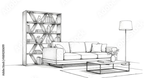 Elegant Living Room Interior Illustration with Bookshelf and Modern Decor