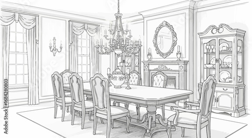 Elegantly drawn classic dining room interior illustration with furniture