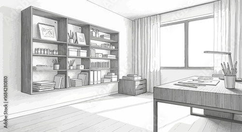 Elegant workstation interior sketch with organized shelving and natural light