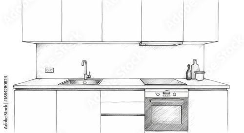 Hand Drawn Kitchen Interior Sketch with Modern Appliances and Clean Lines