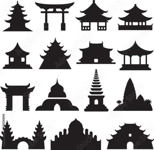 Collection of Asian architectural building silhouettes and cultural landmarks architecture