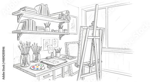 Hand drawn sketch artist workplace with easel palette and art tools