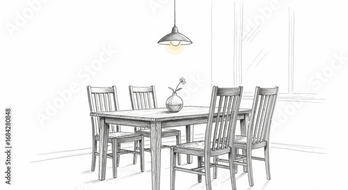 Hand-drawn illustration of a dining room with wooden table and chairs