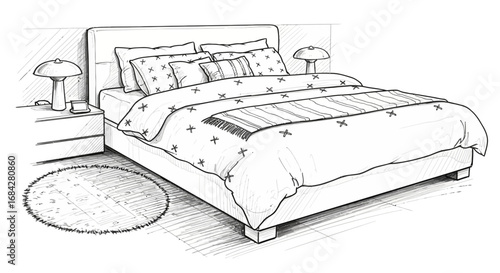 Hand-drawn illustration of a modern bedroom interior with a comfortable bed