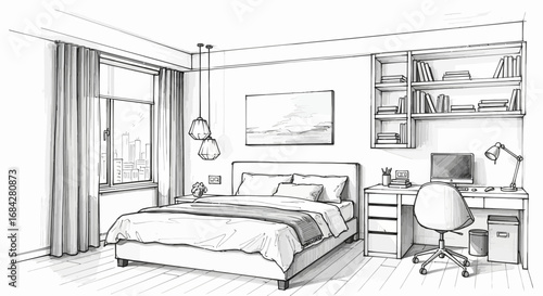 Hand-Drawn Interior Illustration of a Modern Bedroom and Workspace Design