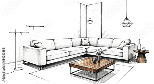 Hand-Drawn Interior Sketch Featuring Modern Living Room Furnishings