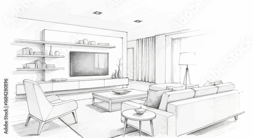 Hand-drawn monochrome living room interior sketch with modern furniture