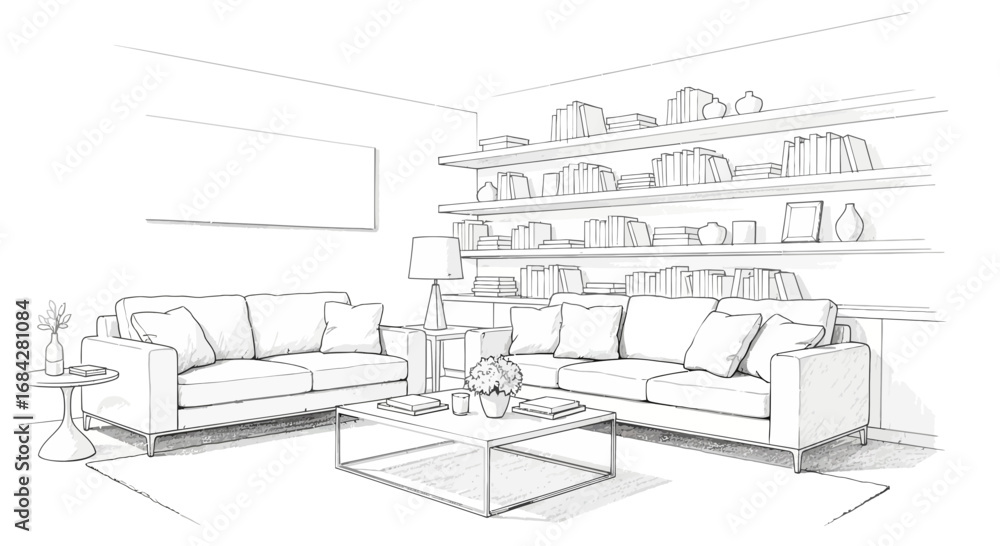 Fototapeta premium Minimalist interior design illustration with sofa and bookcase style