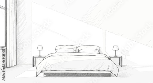 Minimalist bedroom sketch with clean lines and monochrome aesthetic