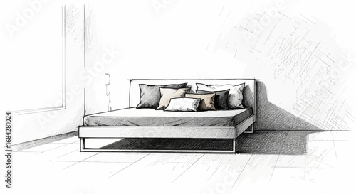 Minimalist bedroom concept with comfortable bed and soft pillows inside room