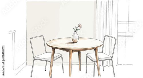Minimalist dining area with round table, flower vase, and chairs illustration