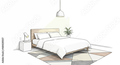 Minimalist Bedroom Sketch with Modern Decor and Geometric Carpet Design