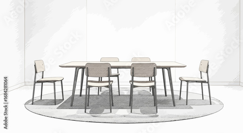 Minimalist dining arrangement with table and chairs on round carpet design