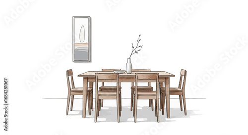 Minimalist dining room illustration with wooden furniture and decor accents