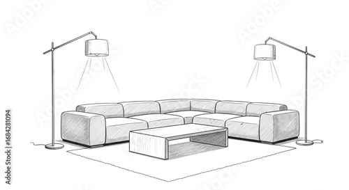 Minimalist interior sketch featuring a sectional sofa and floor lamps
