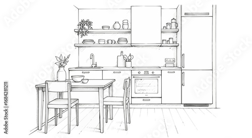Modern kitchen interior sketch with dining area and minimalist design style