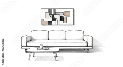 Minimalist living room sketch featuring modern sofa and abstract art