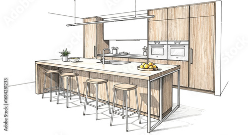 Modern Kitchen Interior Design with Island and Bar Stools Sketch Illustration