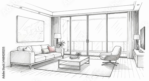 Modern living room interior sketch with minimalist design elements
