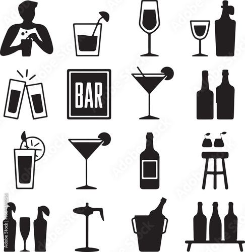 Bar and beverage icons including bartender drinks bottles and glasses cocktail