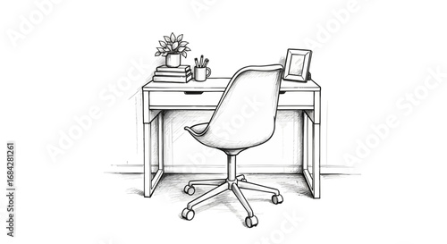 Minimalist workspace sketch featuring a modern desk and ergonomic chair