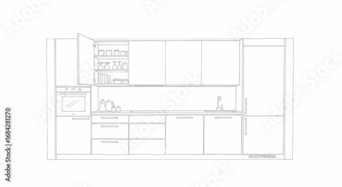 Minimalistic kitchen interior sketch illustration in light gray tone
