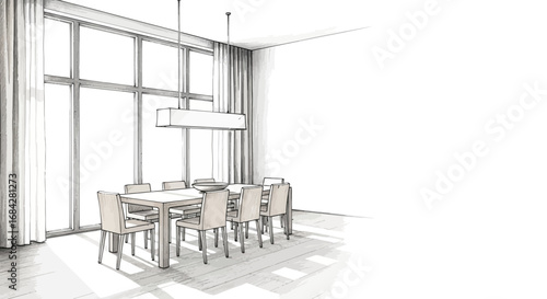 Modern dining room illustration with table, chairs, and large window