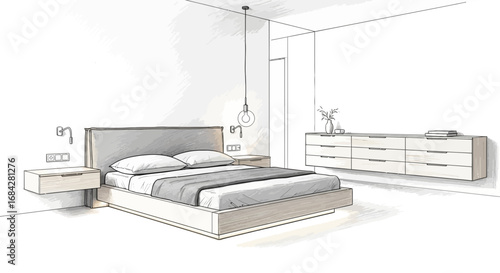 Modern bedroom interior sketch with minimalistic design elements style