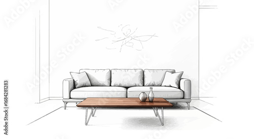 Modern minimalist interior design with sofa, table and decorative elements