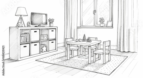 Playroom with Small Table Set and Shelving Unit in Black and White Sketch