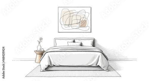 Serene bedroom corner features a minimalist bed with abstract artwork