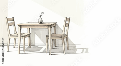 Simple dining table and chairs with flower illustration on a clear backdrop
