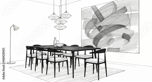 Serene dining room interior with stylish decor and modern art piece
