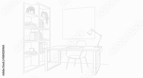 Serene minimalist workspace design, line art illustration and blank canvas