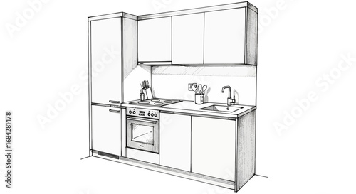 Sketch illustration presenting kitchen architecture with modern minimalist style