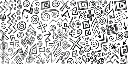 Abstract black and white hand drawn geometric shapes and patterns background